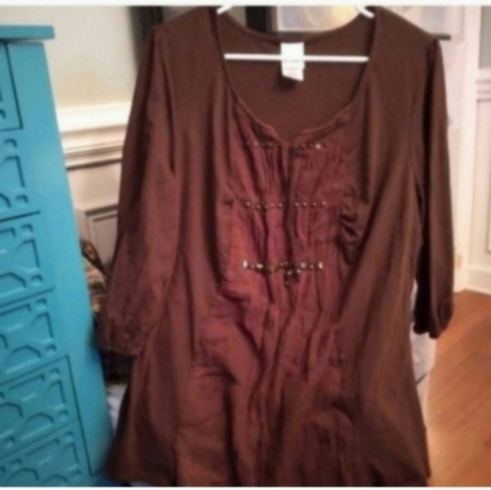 JMS Women's 1X Brown Tunic With Beaded Detail Front Ruched Panel W Tie EUC